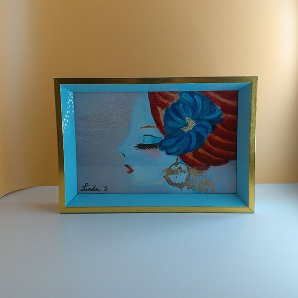 Girl with Red Turban 4x6 Art print within a new light blue/gold wood Frame - Picture 5 of 6